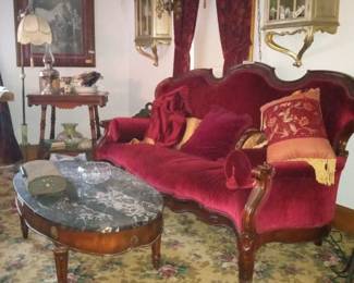 Beautiful red velvet couch & Italian marble coffee table 