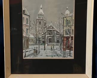 Framed reproduction of Maurice Utrillo's "L'Eglise Saint-Pierre," depicting a winter scene with a church and surrounding buildings.