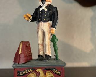 Vintage Uncle Sam Die Cast Iron Mechanical Penny Coin Bank