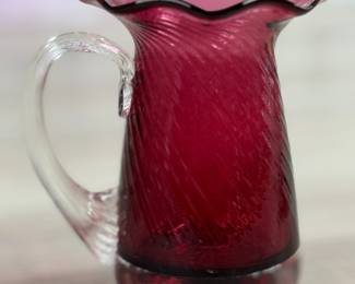 Midcentury Modern Hand Blown Cranberry Glass Small Flower Pitcher Vase