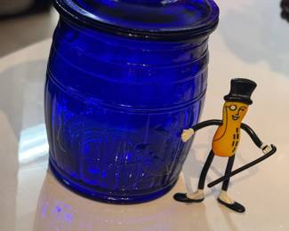 Vintage Cobalt Blue Planters Peanut Glass Cookie Jar