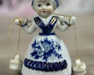 Vintage Dutch Girl Milk Maid Blue And White Porcelain Bell w/ Pails Delft-Style