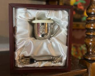Silver Plated Teddy Bear Baby Cup Fork & Spoon Set Wood Box Gift