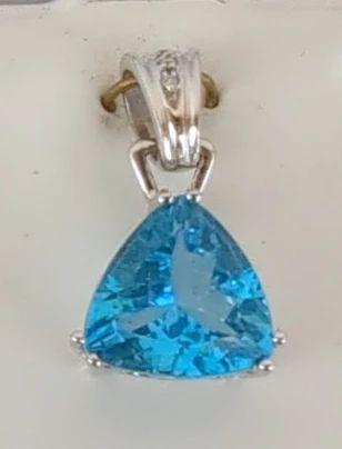 14K White Gold Blue Topaz And Diamond Pendant, Trillion Cut