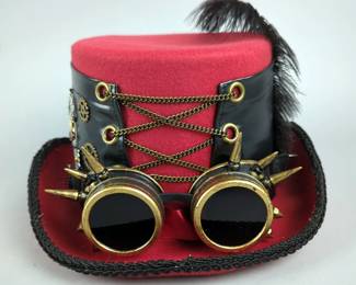 Red Steampunk Top Hat With Feather, Key, And Goggles