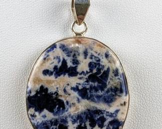Natural Sodalite Cabochon Pendant- -925 Silver Mounting And 20" Sterling Silver Chain