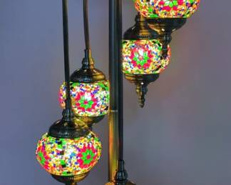 Turkish Mosaic Bronze Finish Floor Lamp With 5 Hanging Globes, 38"