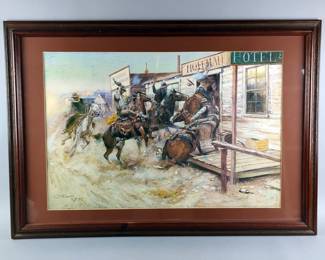Charles M. Russell Western Art Print, 'In Without Knocking,' Framed And Matted Under Glass, 39.5" x 27.5" 