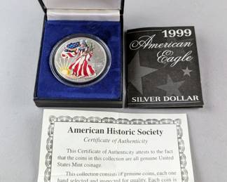 1999 American Eagle Walking Liberty Painted Silver Dollar, Comes With Case And Certificate Of Authenticity
