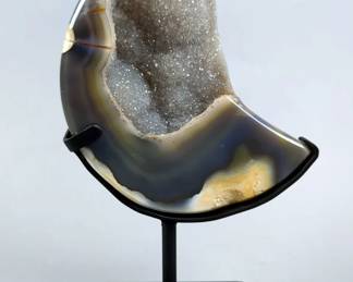 Polished Brazilian Banded Agate Geode Crescent Moon Sculpture On Metal Display Stand, 10" 

