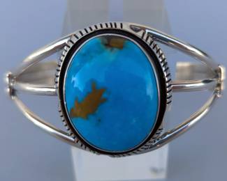 Sterling Silver And Kingman Turquoise Bangle Bracelet, Artist Signed R. Kee 
