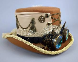 Steampunk Top Hat With Feather, Lace, And Iridescent Goggles