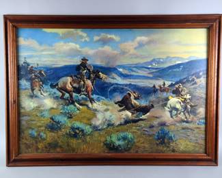 Charles M. Russell Western Art Print, 'Loops And Swift Horses Are Surer Than Lead,' Framed Under Glass, 40.5" x 28.5"