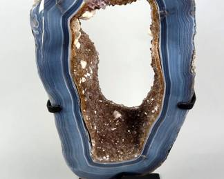 Brazilian Banded Agate Geode Slice/Portal On Metal Display Stand, 6.6kg, 16" 