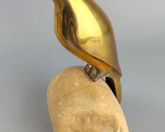 Mid Century Modern Sarreid Limited Brass Falcon Perched On Stone Statement Statue, 10"