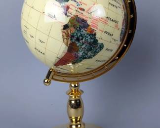Spinning Gemstone Globe With Abalone Shell, Mother Of Pearl, Tree Agate, Petrified Wood, Sandstone, Amethyst, And More - New In Box