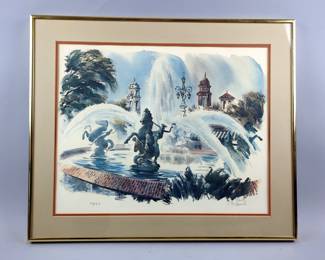 Limited Watercolor Print By J.R. Hamil 'J.C. Nichols Fountain' 568/950, Artist Signed Lower Right Corner
