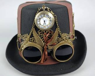 Black Steampunk Top Hat With Pocket Watch And Goggles