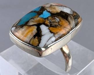Spiny Oyster Turquoise Cabochon Ring - 925 Silver, Size 10 