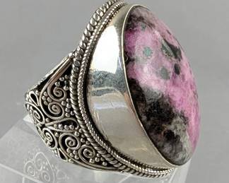 Rhodonite Cabochon Ring - 925 Silver, Size 8 