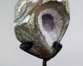 Uruguay Polished Geode Sculpture On Rotating Metal Display Stand, 10.5"