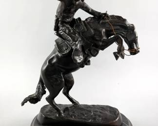 Frederick Remington Bronze Statue, Reproduction, 'Bronco Buster', 9.75" x 6" At Base, 14" Tall 