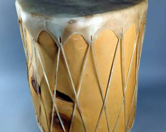 Handmade Log And Hide Drum, 22" Tall, 17" Diameter 