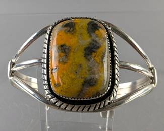 Sterling Silver And Bumble Bee Jasper Bangle Bracelet, Artist Signed R. Kee