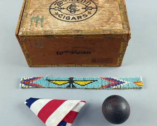 WM Penn Wood Cigar Box With Beaded Hat Band, Small U.S. Flag, And 2" Lead Ball, Writing On Inside Of Cigar Box