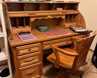 Oak Rolltop Desk and Oak Chair - excellent condition