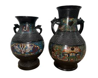 Japanese Champleve Bronze Vases With Bird Handles, Near Pair
