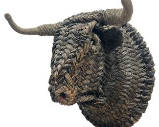 Mid Century Wicker Bull Head Wall Sculpture
