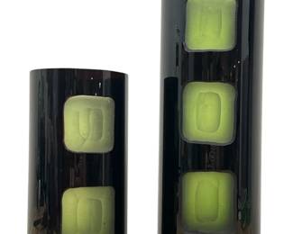 Two Mid Century Black and Green Hand Blown Glass Vases
