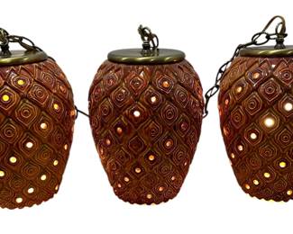 Three Mid Century Ceramic Tiki Pineapple Swag Lamps
