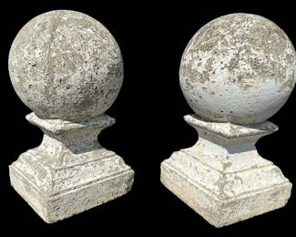 Antique Architectural Concrete Round Ball Finials, Pair
