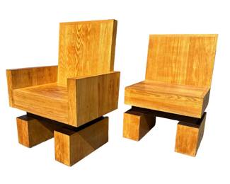 Hand Crafted Modernist Oak Accent Chairs
