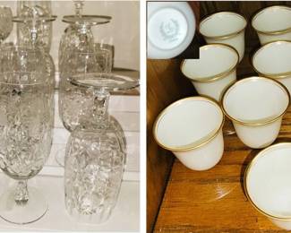 1940s crystal stemware and Lenox shot glasses