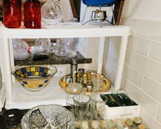 1950s glass serving pieces, cut glass, fondue set