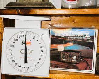 Antique scales, old soda bottles