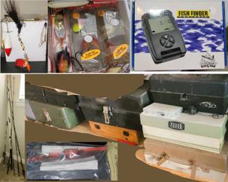 Fish Finder, tackle boxes, rods and reels, lures