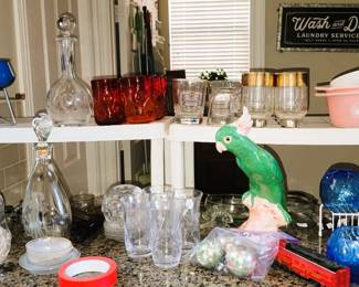 VINTAGE BAR GLASS: blue Roly Poly glasses, cut glass and decanters