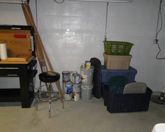 DeWalt tools stool, and lots of empty storage bins and baskets as well