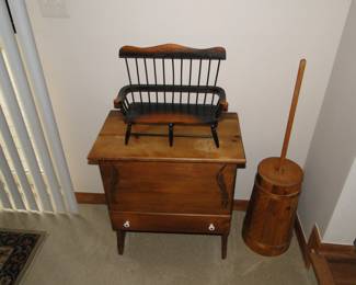 Miniature salesman sample bench, and storage cabinet, and vintage butter churn