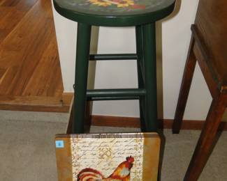 Chicken placemats and a nice hand painted stool