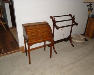 Small roll top cabinet, very unique, and quilt rack