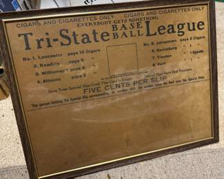 Antique Tri-State Baseball League bet poster, cigars, cigarettes 