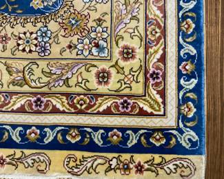 9 x 12 Kashmiri silk rug in blues and golds. Excellent condition. $3900