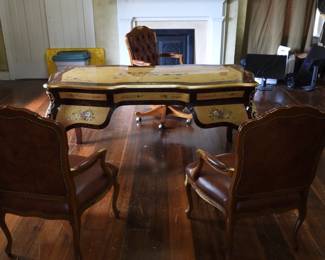 Large french style writing desk. Italian Antique style construction of myrtle burl and California walnut.  Excellent condition.  