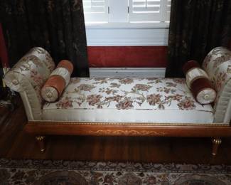 Long rolled arm bench with silk fabric carved wood legs