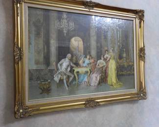 Gold framed vintage art " Chess Game". Gold frame.  Signed Italian artist 